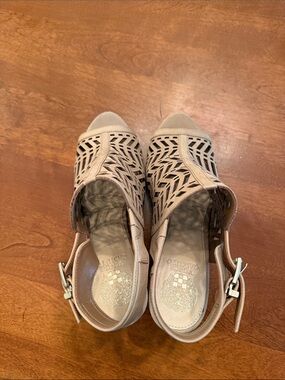 Vince Camuto Taupe Laser-Cut Peep-Toe Slingback Sandals